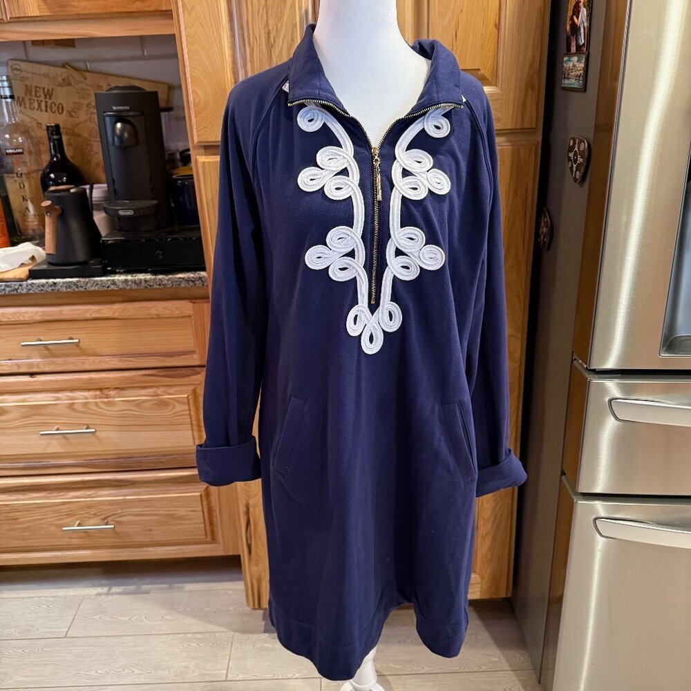 Lilly Pulitzer 1/2‎ Zip Popover Dress Women's Large Navy White Terry EUC